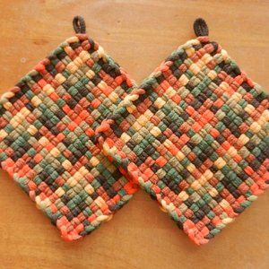 Set of 2 Handmade Artisan Cotton Woven Loomed Harvest Potholders HotPads Trivets